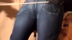 Caned over tight jeans Daddy boy