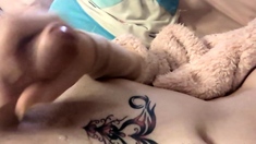 Tattood shemale tranny plays with ass during masturbation