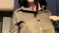 Amateur busty brunette masturbates and does hand job