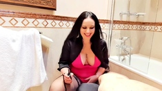 Hot brunette big boobs toying pink pussy