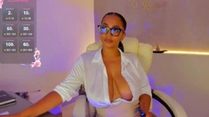 Busty curly brunette with big boobs fucks on couch