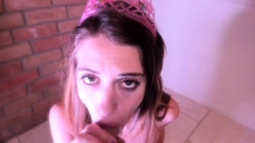 Big tit brunette sucks a big cock blowjob POV