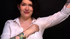 Busty Curly Brunette With Big Boobs Fucks On Couch