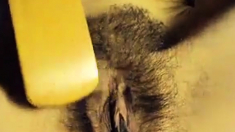 My girl brushes her hairy pussy